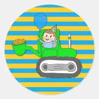 Birthday Boy with Balloon in Tractor Classic Round Sticker