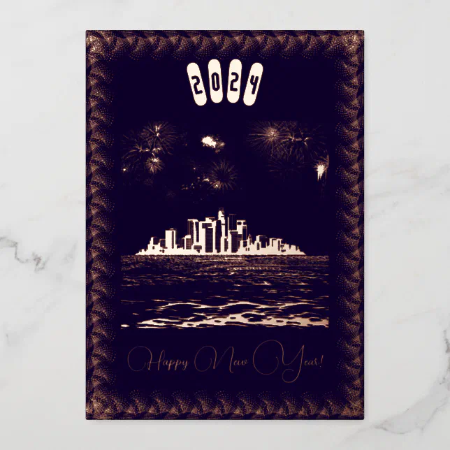 City skyline and fireworks gold - happy new year foil invitation