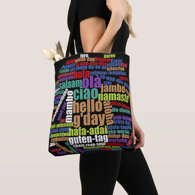 Colorful Hello in Many Languages Word Cloud Tote Bag