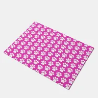 Cute Cat Paw Print Pink and White Pattern Doormat