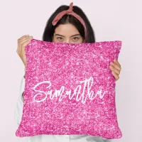 Hot Pink Glitter White Brush Script Throw Pillow