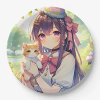 Pretty Anime Holding Kitten Girl's Birthday Paper Plates