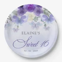 Rustic Floral Purple Lilac Butterflies Sweet 16 Paper Plates