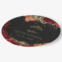 Vintage Red  Roses Black Gold Lace Quincea&#241;era Paper Plates