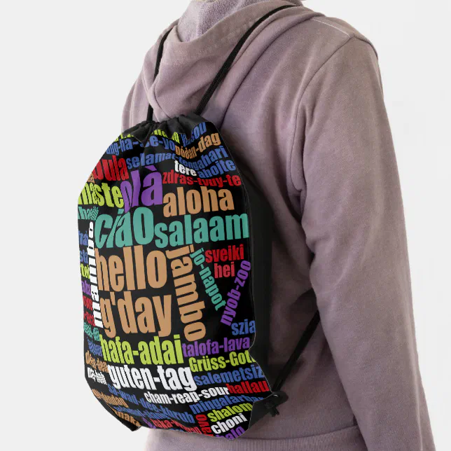 Colorful Hello in Many Languages Drawstring Bag