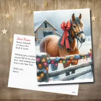 Pretty Brown Horse with Bow And Barn Christmas Postcard