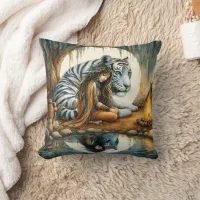 Native American Woman Meditating by Water Throw Pillow