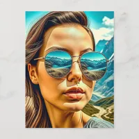 Beautiful Woman in Sunglasses Mountain Reflectoin Postcard