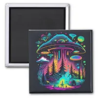 Neon UFO and Alien Scene Psychedelic Art Magnet