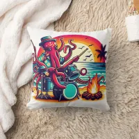 Octopus Playing Drums at Sunset Beach Party Throw Pillow