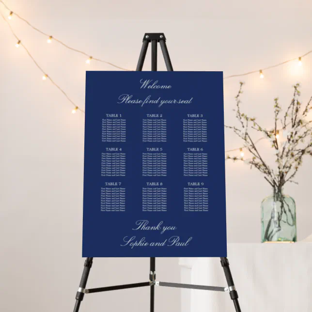 Navy Blue 9 Table Wedding Seating Chart Foam Board