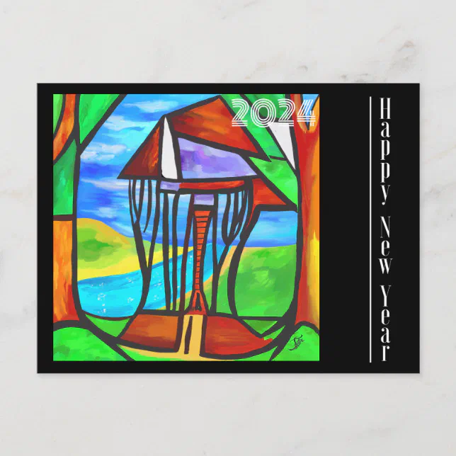 Happy New Year - Abstract - Cabin in the forest Postcard