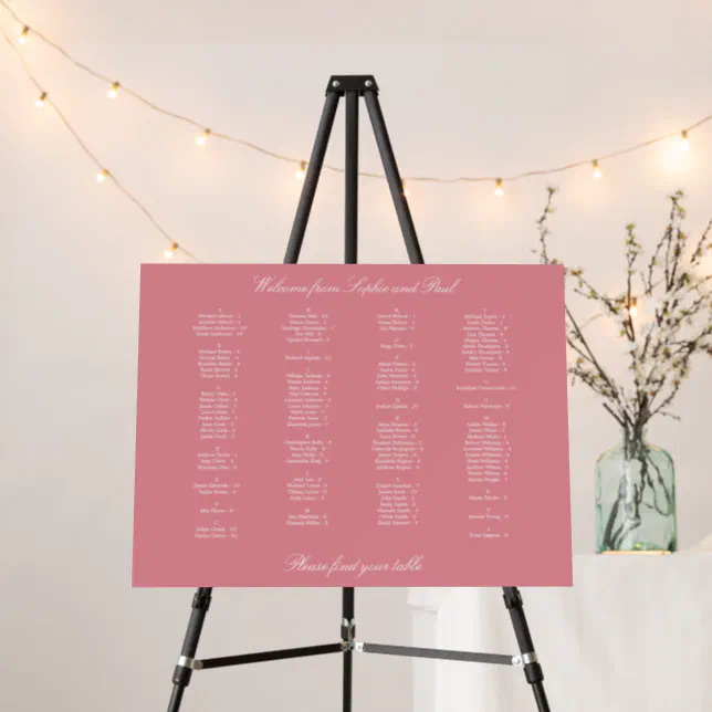 Blush Pink Alphabetical Seating Chart Foam Board