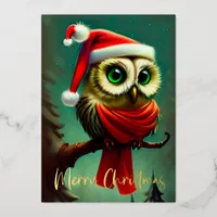 Vintage Cute Santa Owl Christmas Foil Holiday Card