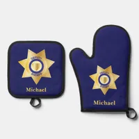 Deputy Sheriff Gold Star Badge Personalised Oven Mitt & Pot Holder Set