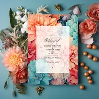 Teal, Coral, and Champagne Floral Wedding Invitation