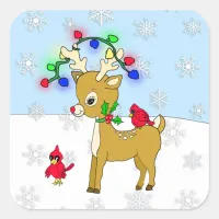 Cute Baby Reindeer with Cardinals and Snow flakes Square Sticker