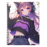 Pretty Anime Girl in Headphones with Cat Ears Notebook