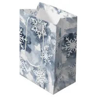 Winter Watercolor Navy White Snowflake  Medium Gift Bag