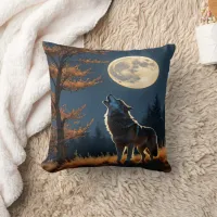 Wolf Howling Under Full Moon in Autumn Forest Throw Pillow