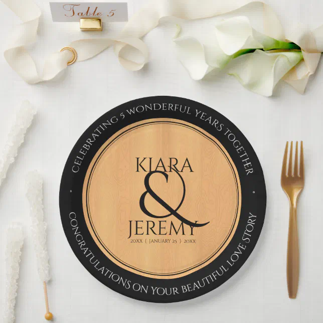 Elegant 5th Wood Wedding Anniversary Celebration Paper Plates