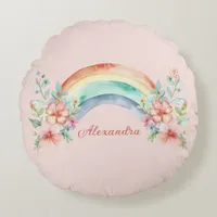 Pretty Watercolor Flowers and Rainbow Round Pillow