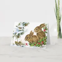 Merry Christmas Vintage Rabbits Holiday Card