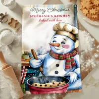 Snowman Baking Christmas Cookies Personalized Kitchen Towel