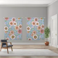 Pink Daisies Floral Pattern on Blue 50x63 Inch Sheer Curtains