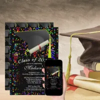 Graduation Black Cap Diploma Confetti Black Party Invitation