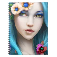 Ethereal Woman with Flowers in her Blue Hair Notebook