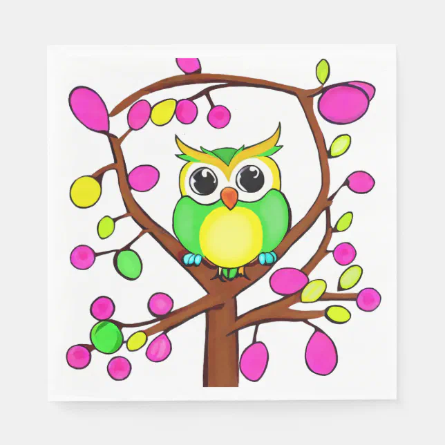 Happy owl in a multicolored tree napkins