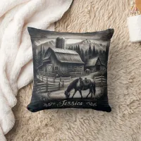 Rustic Barn and Horse in Mountain Landscape Throw Pillow