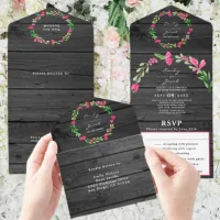 Rustic Dark Gray Wood Pink Floral Country Wed RSVP All In One Invitation
