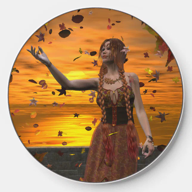 Elf in Falling Leaves Against an Autumn Sunset Wireless Charger