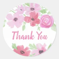 Thank you Pretty Watercolor Pink Floral B Classic Round Sticker