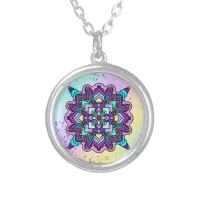 Pretty Colorful Purple Mandala Mystical Silver Plated Necklace