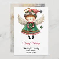 Whimsical Cute Angel Illustration Happy  Holiday Card