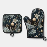 Blue and Gold Christmas Ornaments Poinsettias Oven Mitt & Pot Holder Set