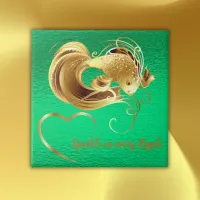 Gold goldfish on green foil monogram | ceramic tile