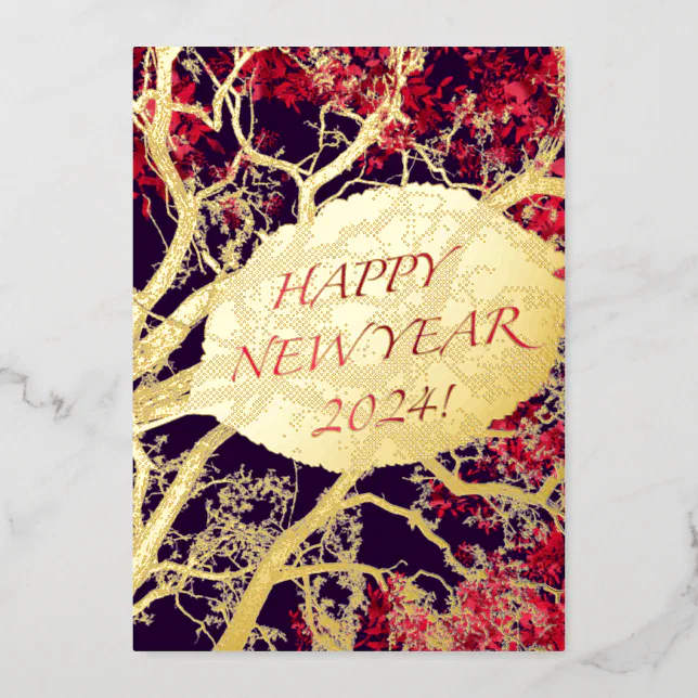 Golden Tree and leave - happy new year 2024 Foil Invitation