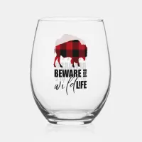 Beware Wild Life Buffalo Plaid ID669 Stemless Wine Glass