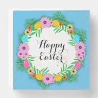Happy Easter Botanical Cute Floral Wreath Wooden Box Sign