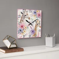 Giraffes surrounded by vibrant flowers in Africa Square Wall Clock