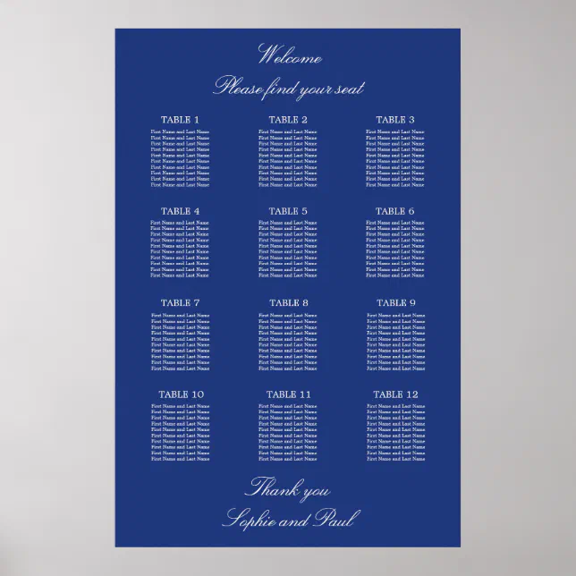 Dark Blue 12 Table Wedding Seating Chart Poster