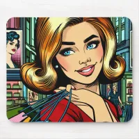 Retro Lady with Shopping Bags Mid Century Mouse Pad