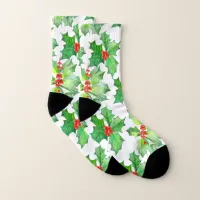 Holly Leaves, Berries Floral Christmas Socks