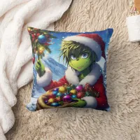 The Grinch celebrates Christmas in snowy mountains Throw Pillow