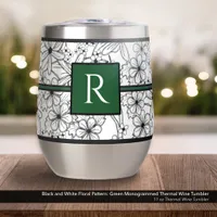 White and Black Floral Pattern: Green Monogrammed Thermal Wine Tumbler