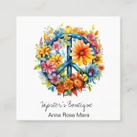 *~*  Peace Sign AP57 Boho QR Retro Vintage Flowers Square Business Card